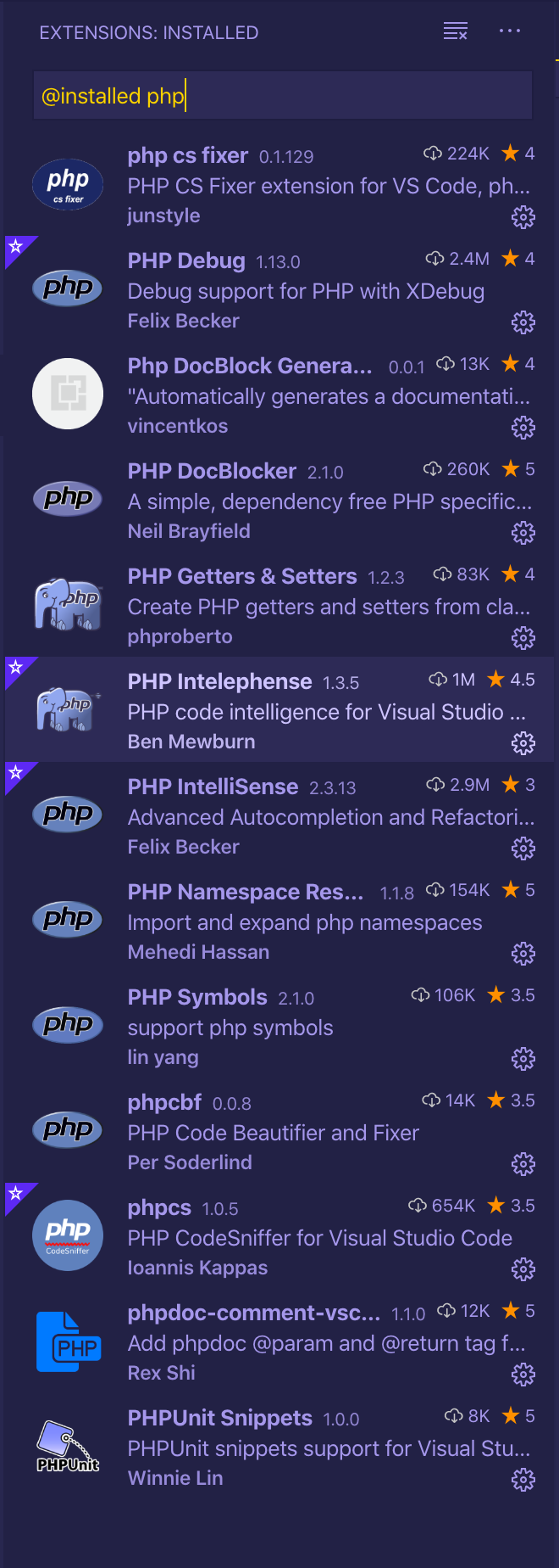 Image of extensions installed for PHP Project
